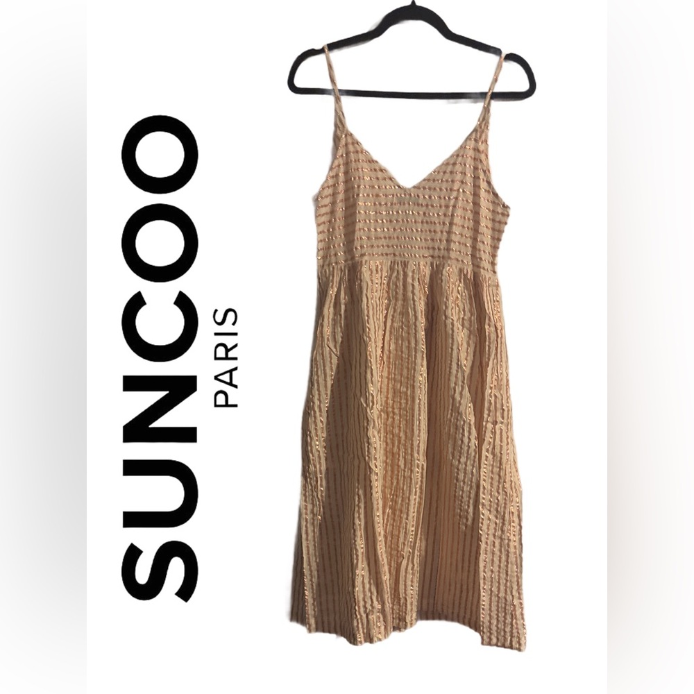 SunoCo Paris Strappy Textured Maxi Dress - Beige & Gold